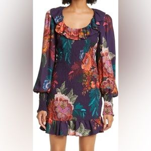NWT FARM Rio Purple Floral Smocked Long Sleeve Minidress - small